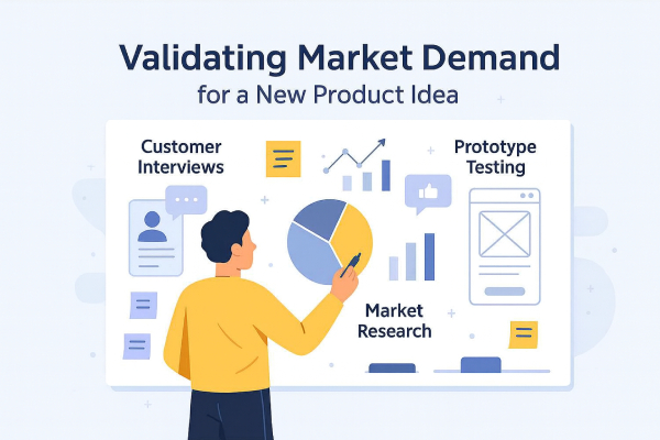 Illustration of a product developer validating market demand for his product idea