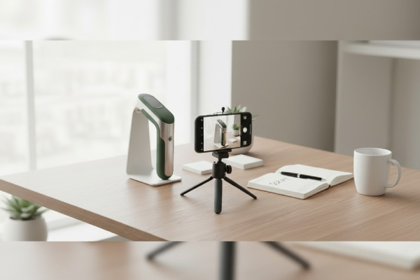 Illustration of a desk setup for product photography and filming, with a smartphone on a tripod aimed at a product.